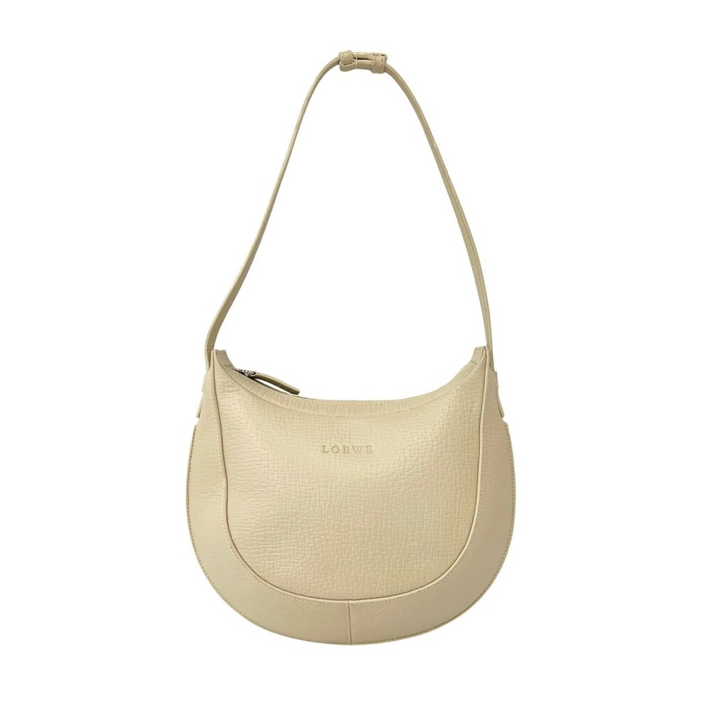 LOEWE Vintage Logo Engraved Leather Semi-One Shoulder Bag Handbag Ivory 39804